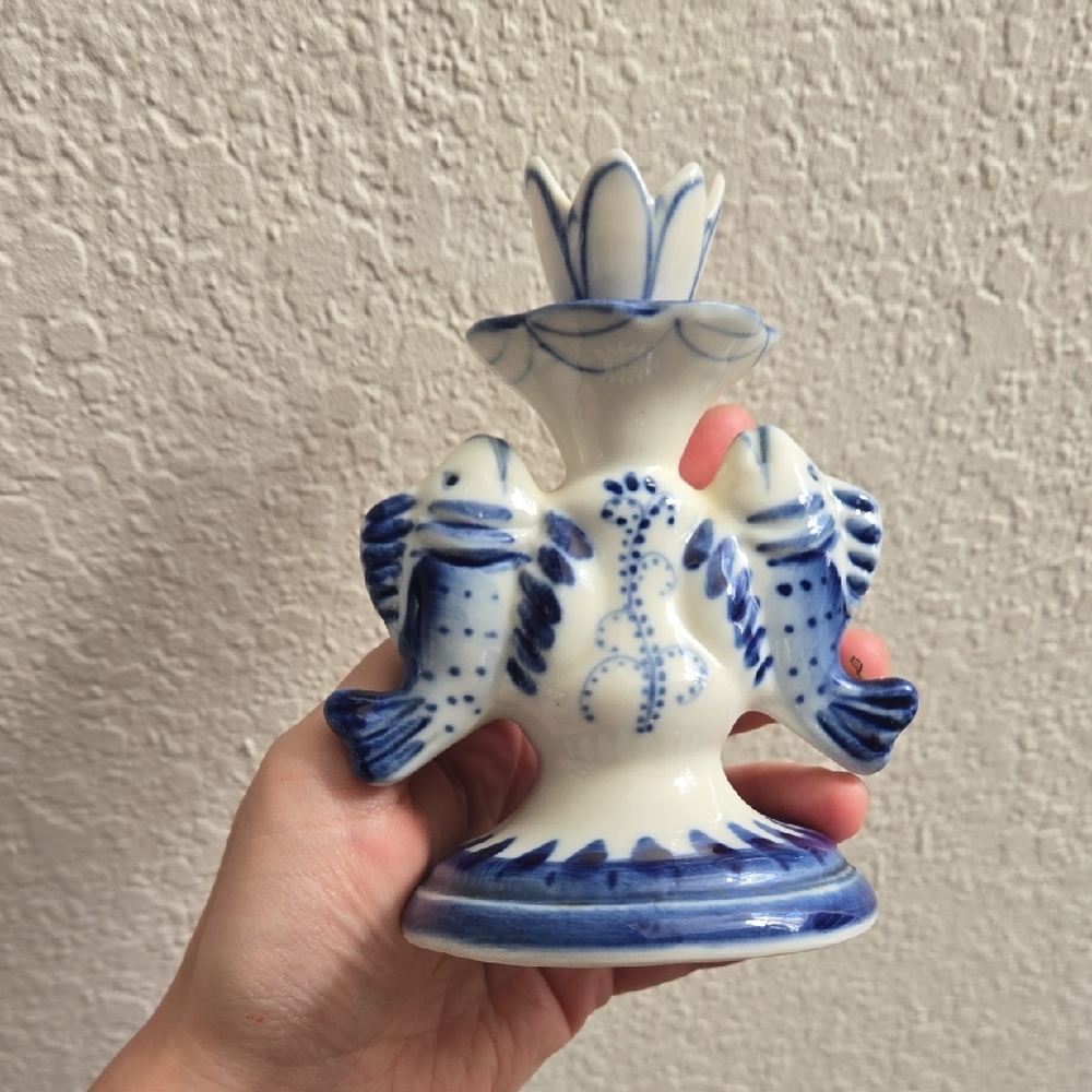 Blue & White Russian Hand Painted 'Gzhel' Style Candle Holder, Vintage USSR